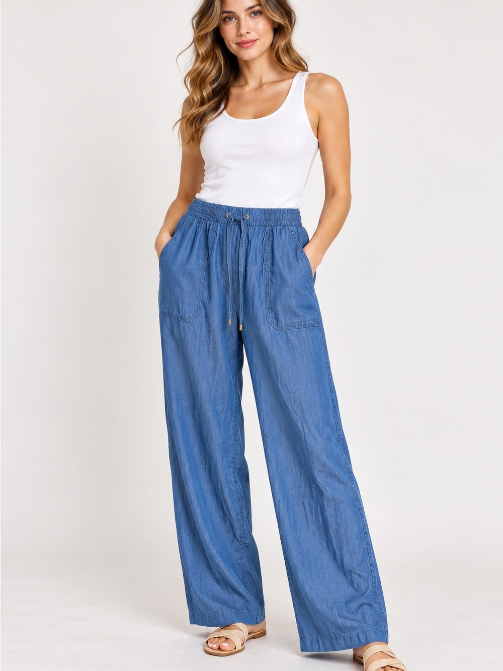MICHAEL KORS Relaxed Wide-Leg Chambray Pants - Blue